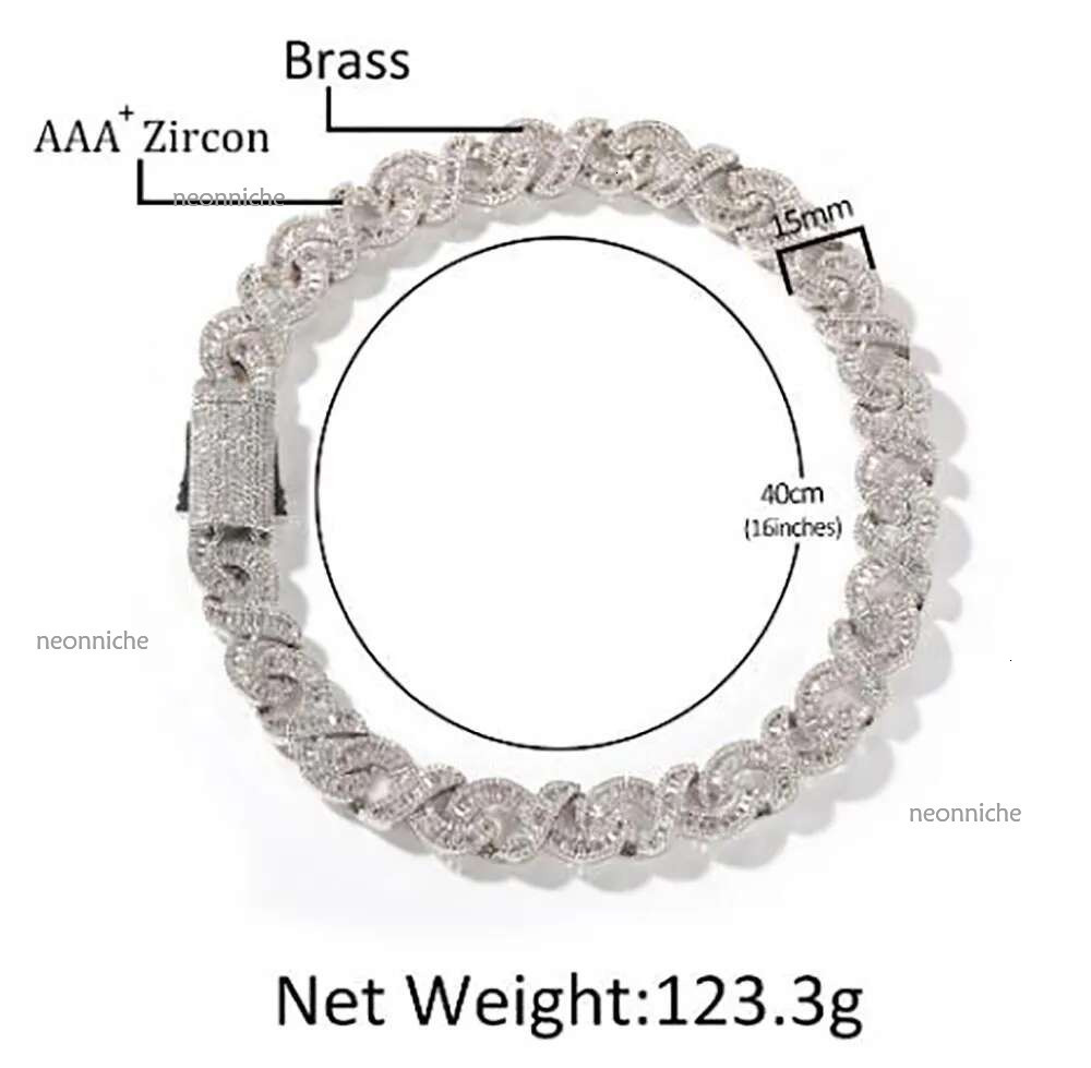 15mm Iced Infinity k Necklace 14K White Gold Plated Baguette Dia Cubic Zirconia Jewelry 16inch-24inch Cuban Chain