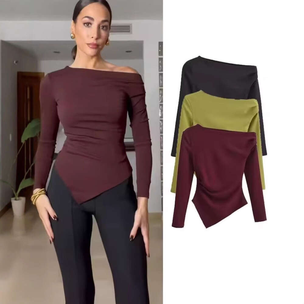 Cross-Border Foreign Trade Women's Clothing Autumn European and American Style Asymmetric Pleated Long-Sleeved Solid Color T-Shirt Top for Women