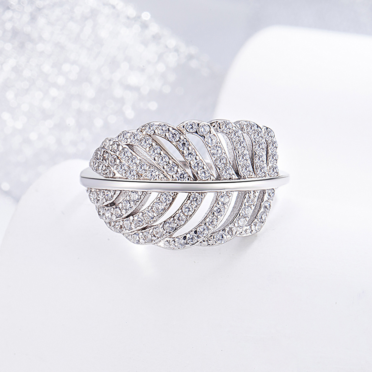 Light Luxury S925 Sterling fashion ring Silver Full Diamond Feather Ring Designer Ring Women's Designer Zircon Leaf Ring Wholesale Cross-Border