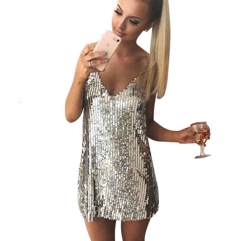 Deep V Neck Autumn Sier Sequined Backless Sexy Dress Women Off Shoulder Mini Christmas Party Club Vestidos