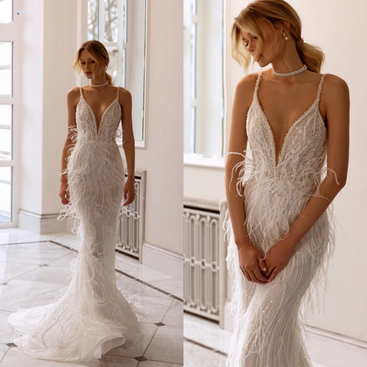 Elegant Evening Dresses For Women Feather Sequins Gown V Neck Sleeveless Backless Sweep Train Dress Party Custom Made