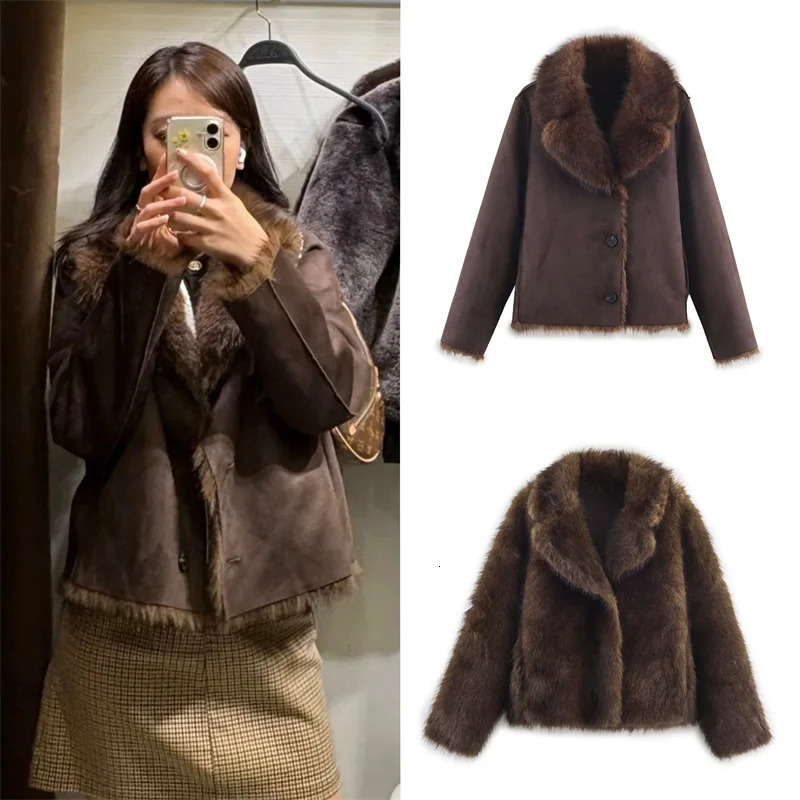 Womens Jacket Autumn Style Brown LongSleeve Faux Fur Effect Reversible Casual Fashion Personalized Warm 251110
