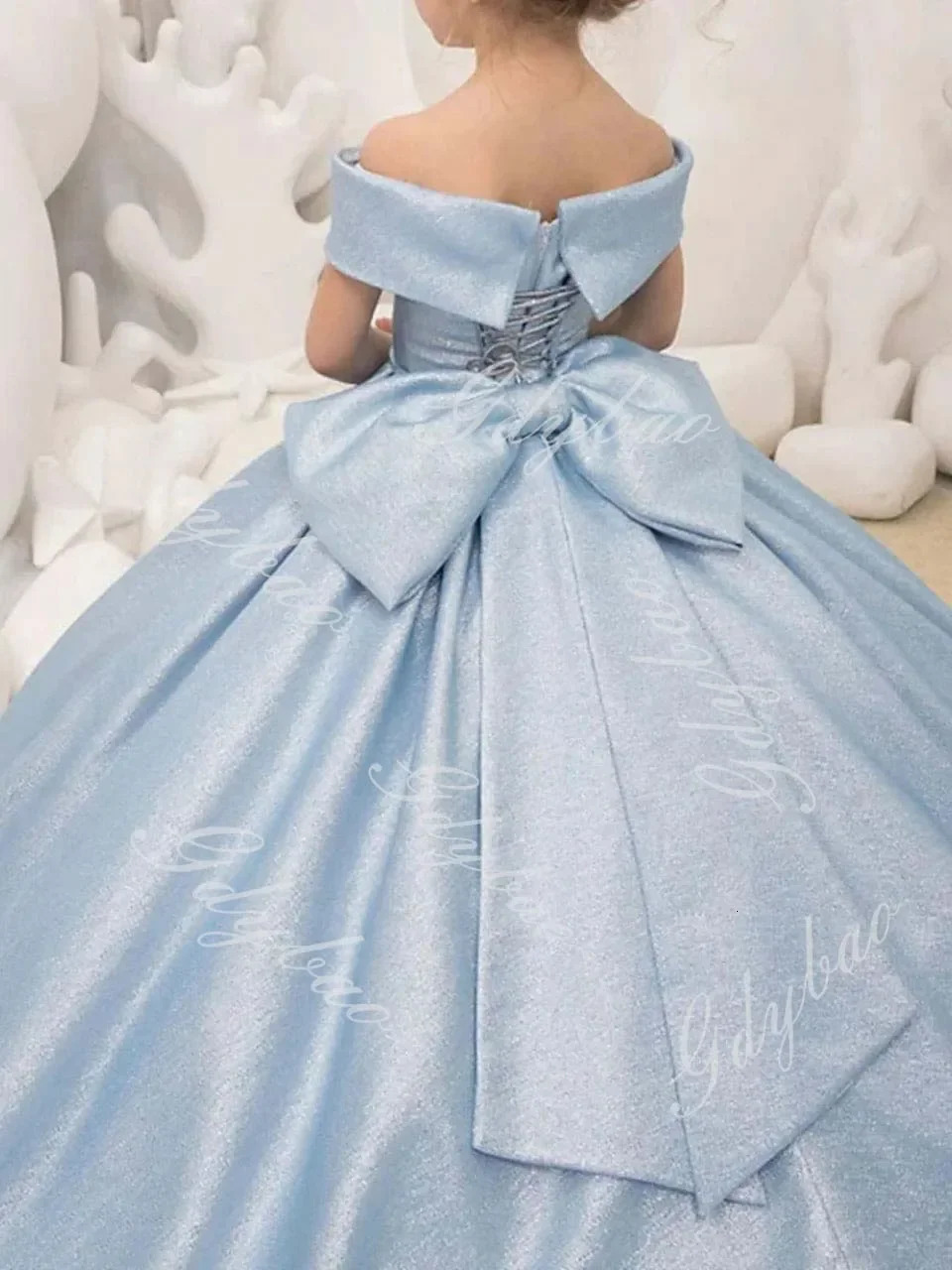 Sky Blue Flower Girl Dress Elegant Bow Shoulder Princess Satin Ball Dress Childrens Birthday Party First Party Dress 250403