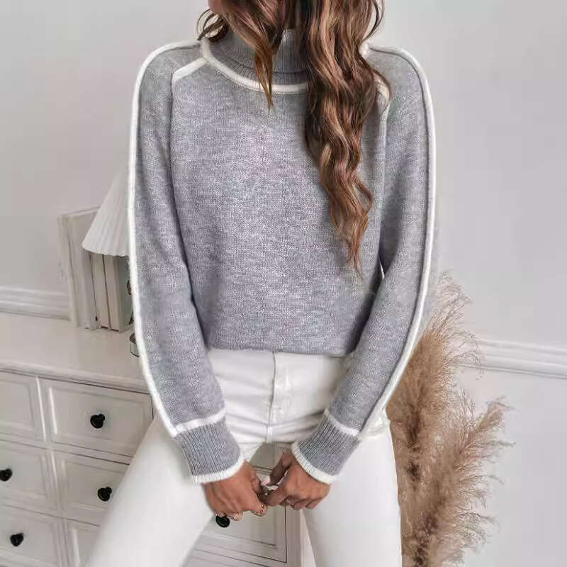 Cross-Border Autumn Winter Knitted Women's Pullover Long Sleeve Turtleneck Top Solid Color Loose Casual Versatile Sweater