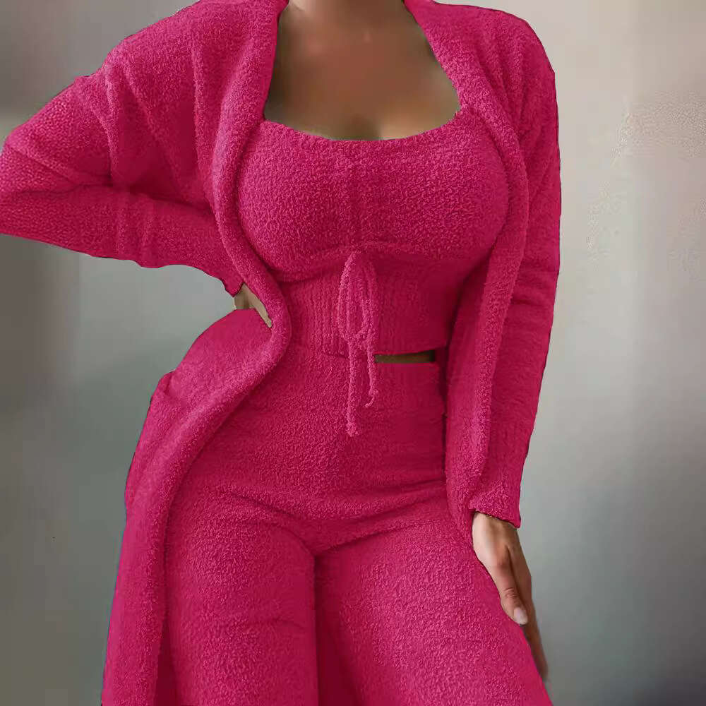 European and American Cross-Border Autumn Winter New Women's Fashion Casual Plush Lace-Up Cardigan 3-Piece Long Pants Set