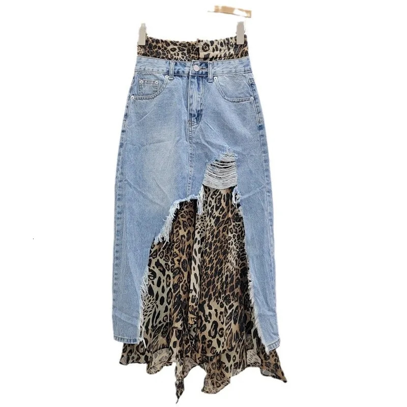 Womens denim skirt patch work leopard print irregular Aline high waisted long autumn fashion 250410