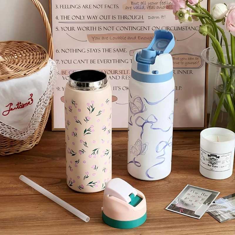 Fashionable cup 32oz Stainless Steel Thermos Water Bottle Cute Travel Vacuum Flasks Thermal Cup With Straw Sports Gym Water Bottle For Wan Y251110