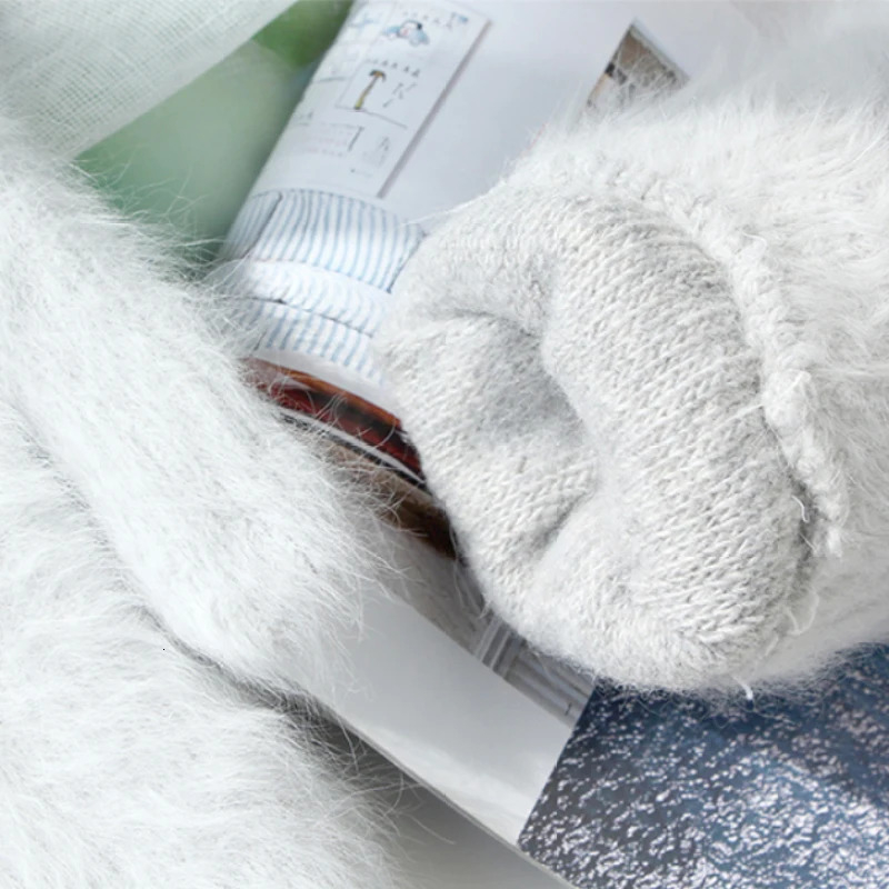Women Winter Keep Warm Plus Cashmere Velvet Thicken Elasticity Full Fingers Mittens Gloves Rabbit Fur Knitted Wool 251106