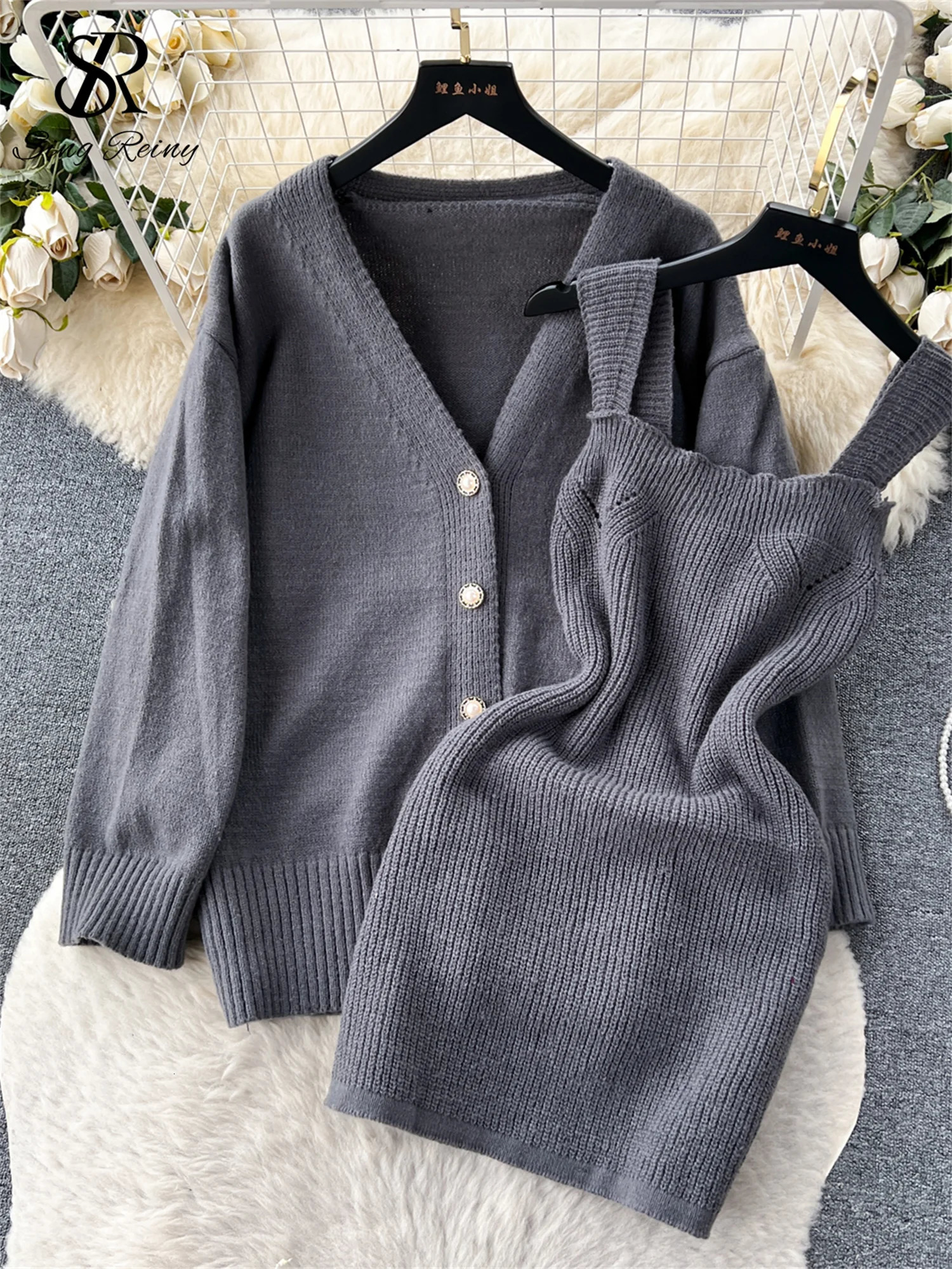 SINGREINY Fashion Korean Style Knitted Suits Casual Loose Cardigan Slim Mini Sweater Dress Autumn Women Warm Two Piece Sets 251110