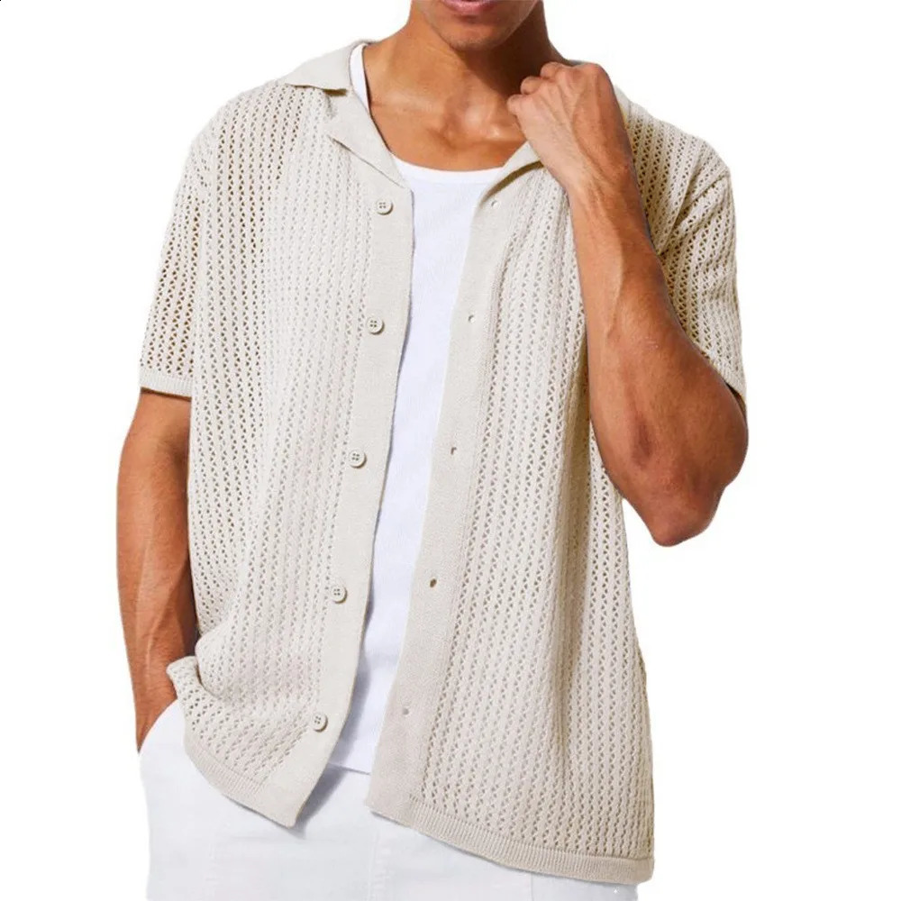 2025 Instant sale of the summer casual pure color mens shirt hollow-out shirt knitted short-sleeved cardigan 250407