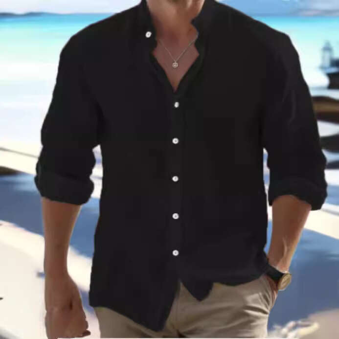 Cross-border Men's Linen Button-up Beach Shirt Long Sleeve Solid Color Stand Collar Spring Summer Casual Daily Clothing