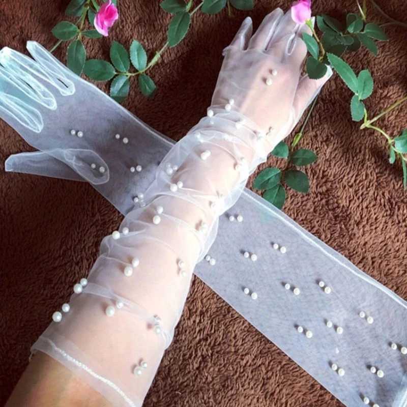 55 cm Transparent Wedding Gloves Pearls Long Elbow Mittens Mesh Arm Covers Women Party Bridal Dress Accessories Photo Props L251110