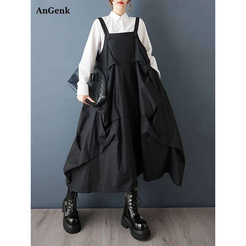 2025 Spring Autumn New Black Vintage Straps Dresses For Women Sleeveless Pleated Loose Casual Dress Robe Elegant Fashion Clothes
