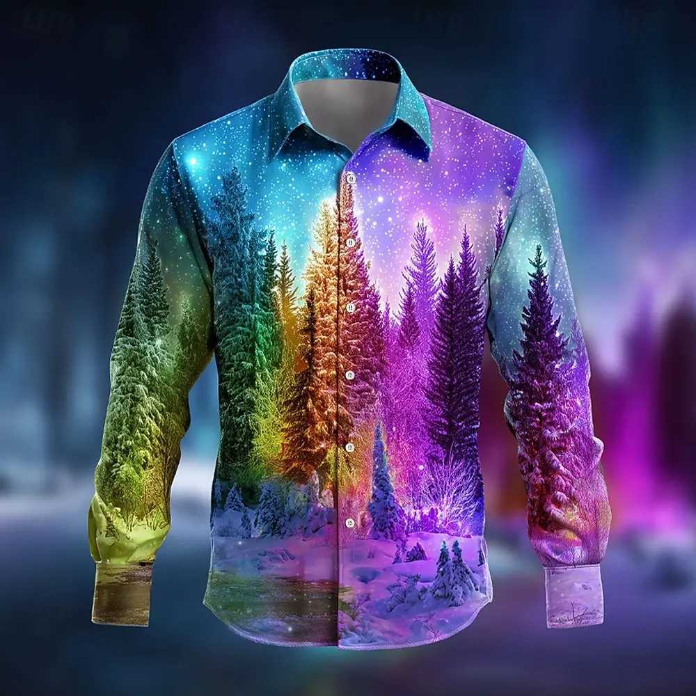Fashion Mens Long Sleeve Shirt 2025 Christmas Tree Aurora Christmas Casaul Costume Shirt Streetwear Comfort Slim Fit Shirts K251110