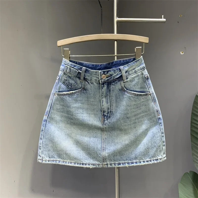 Fashionable pocket light blue washed ALine denim mini dress summer Korean version elegant simple tight fitting clothing 250410