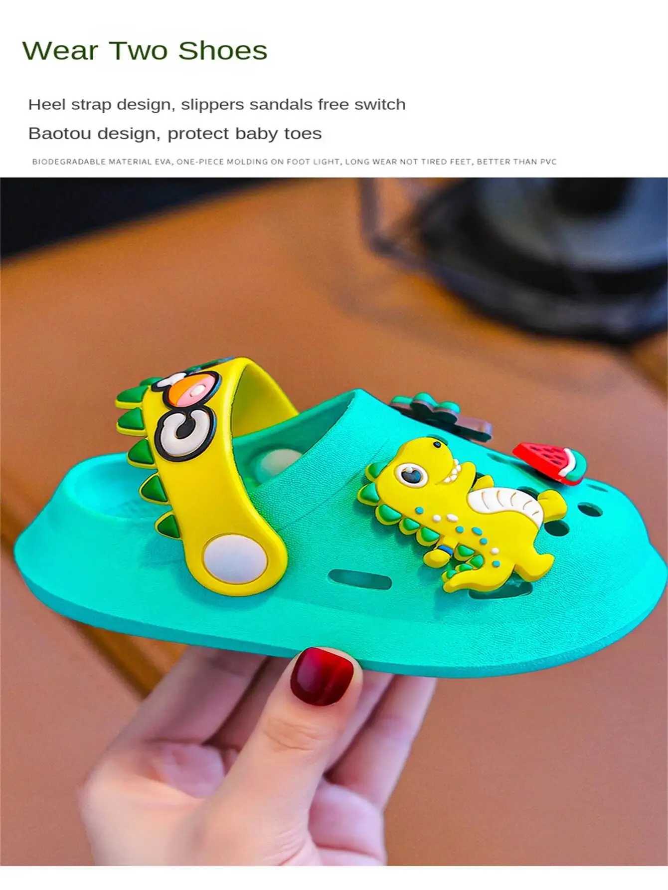 Summer childrens slide hole childrens sandals soft anti slip dinosaur DIY design indoor anti slip boys and girls beach shoes Z250410