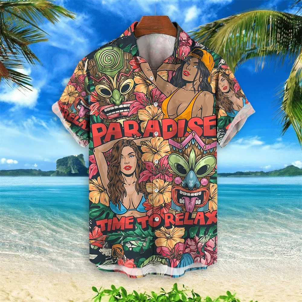 2024 New Retro Mens Wear 3D Tiki Printed Hawaiian Mens Wear Loose Casual Mens Wear Fashion Trend Mens Short Sleeves X250410