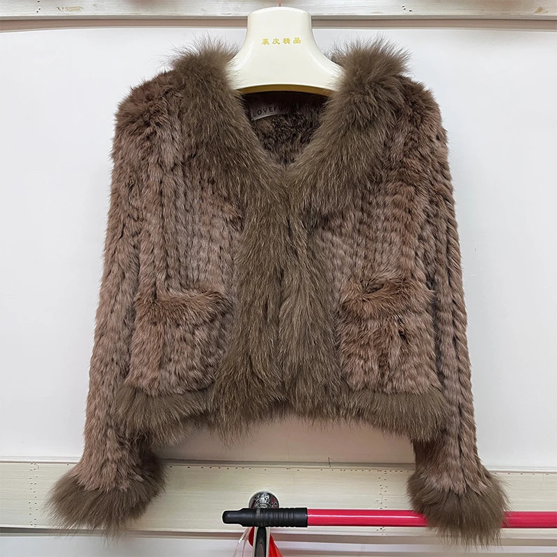 Fashion Natural Rabbit Fur Coats Knitted Womens Real Fox Jackets y Woman Clothing Outwear 251110