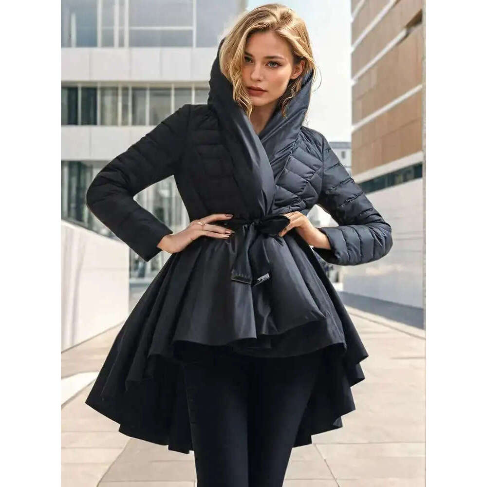 Fashion Women Duck Down 80% Cotton-Padded Coat Hooded Lace-Up Retractoin Waist Thick Parka Jackets Winter New 7Ab6535