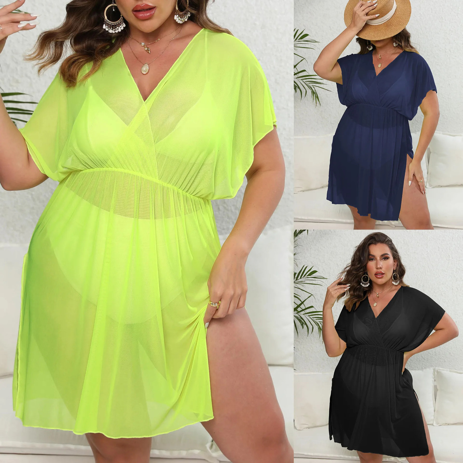 3XL Plus size beach cover womens bikini big green transport dress split type tuning elastic waist 2025 chubby women 250408
