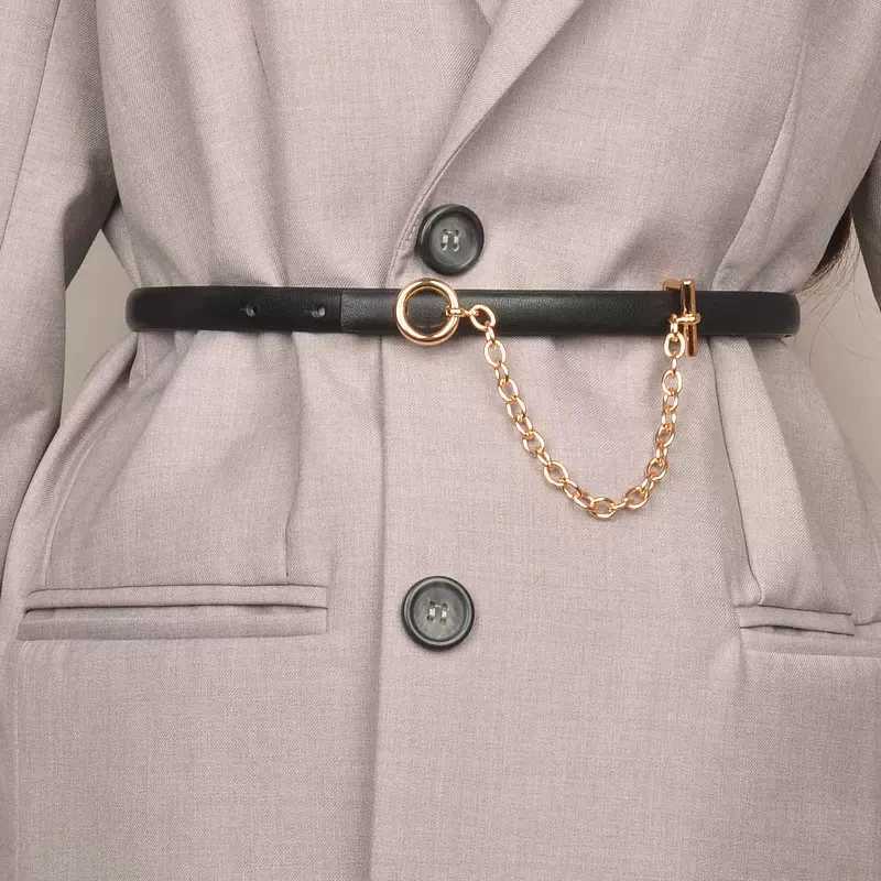 Fashionable silk strap round buckle metal chain genuine leather waist strap black decoration suitable for jeans skin adjustment X250410