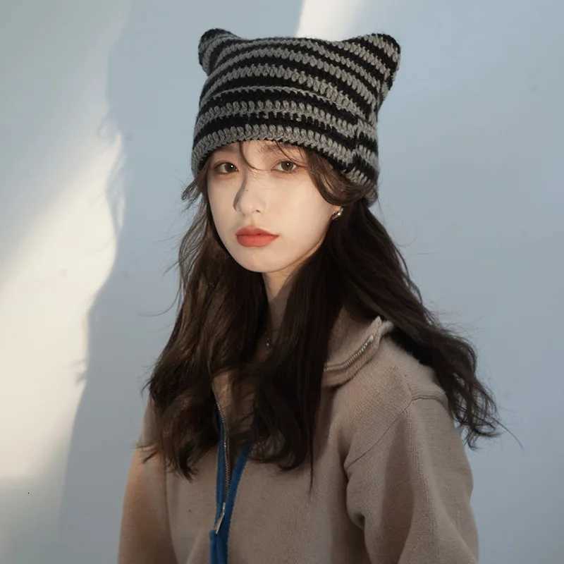 2025 Beanie Hat Ins Little Devil Striped Knitted Wool Cap Autumn and Winter Crochet Cute Cat Ears Pointed Pullover Womens HatsXJ251110