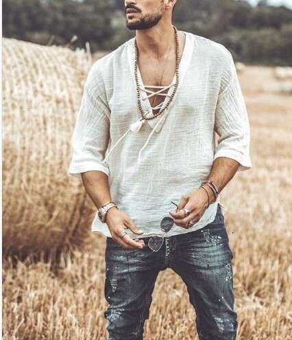 2025 New European and American Style Wish Amazon Hot Men's Chest Tie Eyelet Short Sleeve T-Shirt Shirt