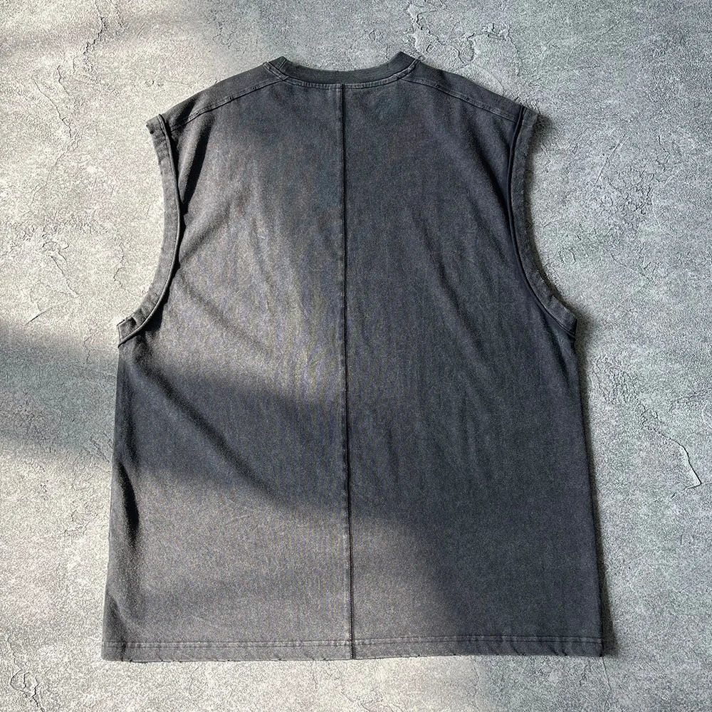 Mens summer batik washed 275GSM 4-color vest Harajuku retro oversized sports sleeveless T-shirt vest gym unisex Y2K 250408
