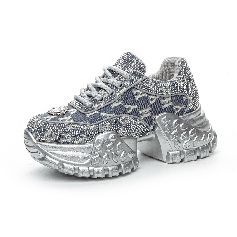 Women's platform booster shoes rhinestone denim boom fashion street shot casual sneakers