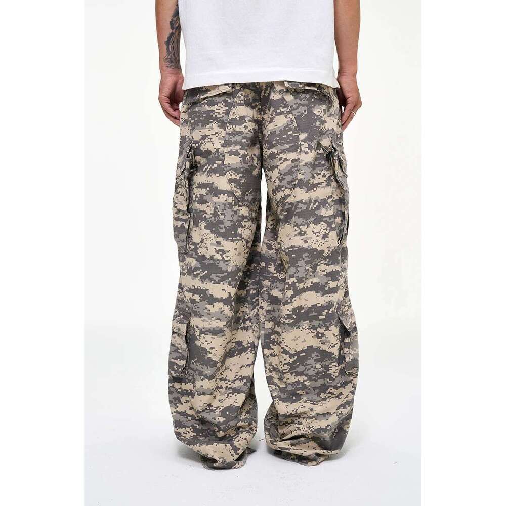 Multi-Pocket Vintage Irregular Rough Edge Toog Loose Camo Wide Leg Baggy Paratrooper Pants Men