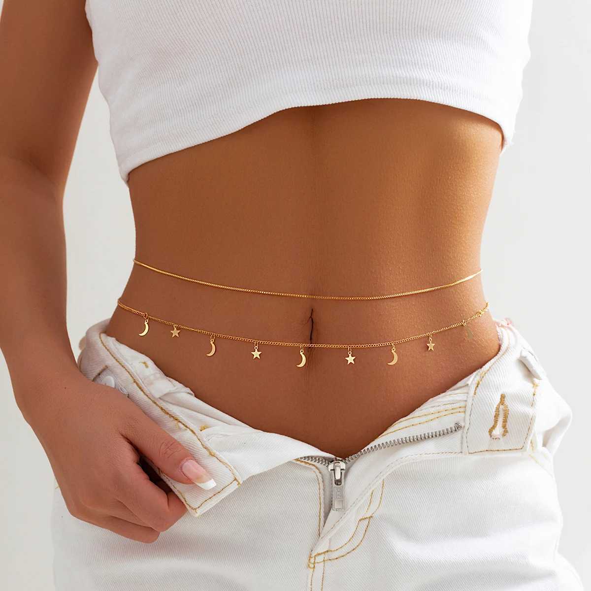 9 Bohemian Rhinestone Zircon Star Moon Pendant Waist Belt Chain Warm Summer Bikini Y2K Accessories Rave Body Jewelry X250410
