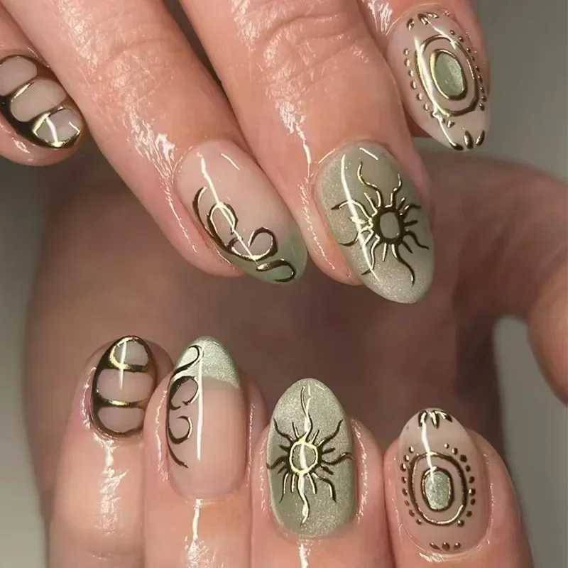 24Pc green cat eye French fake nail with 3D metal wire sun pressed on wearable short almond artificial nail W250410