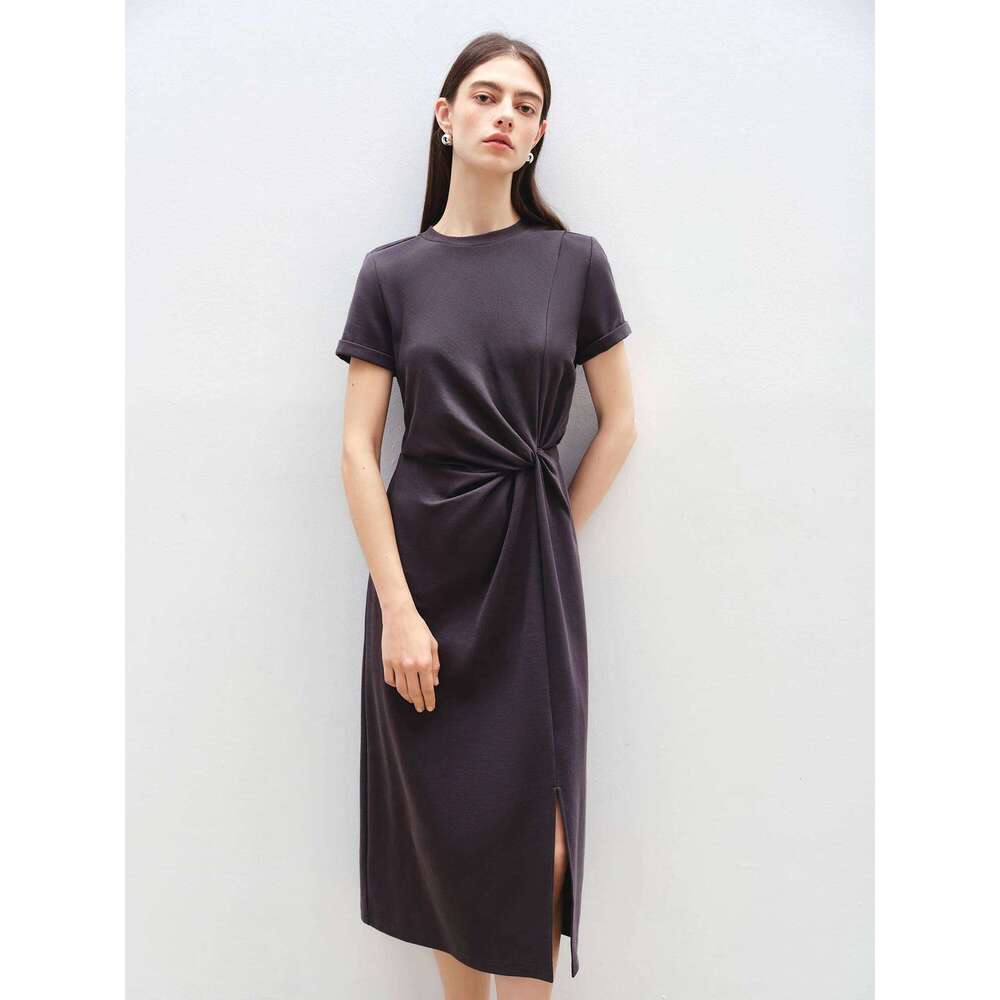 ZIQIAO Women Solid Long 2025 Summer New Casual Round Neck T-Shirt Dresses Grey Short Sleeve X-Line Dress 25Zq92026