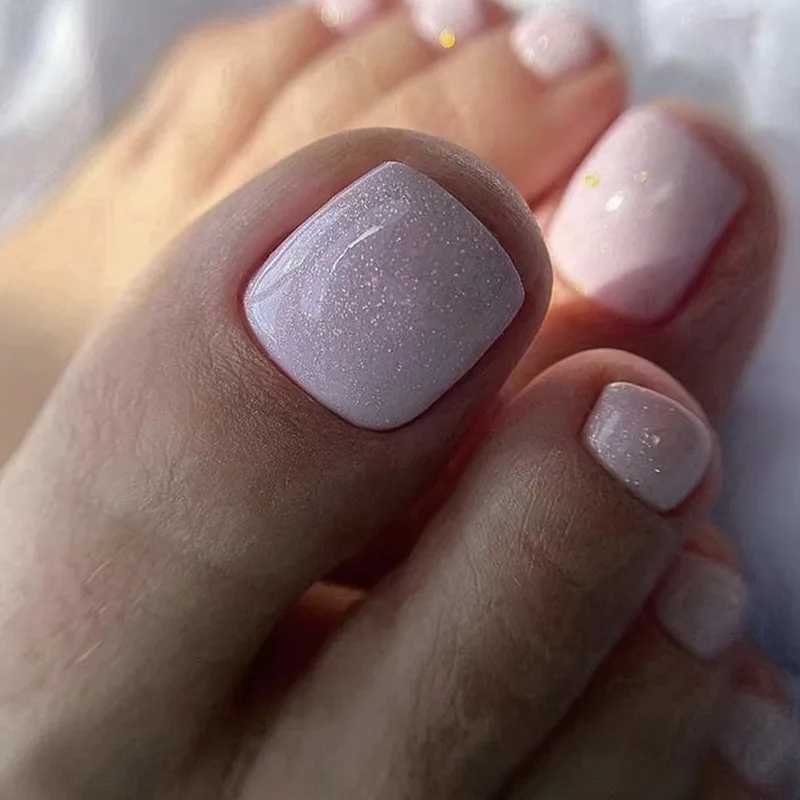 24 pieces of simple press Toenails silver glitter powder fake toe nails short square fake nails for women summer barefoot decoration W250410