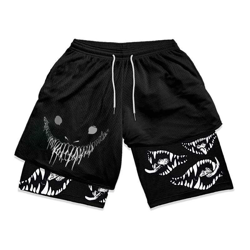Mens 2-in-1 Running Shorts Anime Graphic Sports Gym Exercise Shorts with Compression Inner Pocket for Summer Quick Drying and Stretching W250410