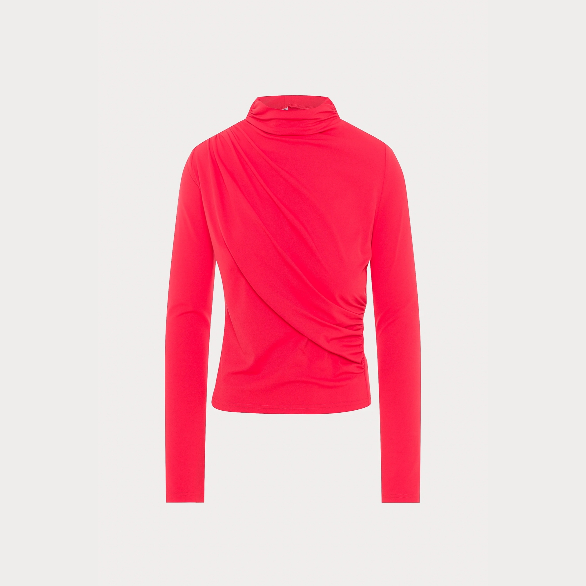 Women's Red Slim Fit Shirred Stand-Collar Top, Draped Long Sleeve Hip-Length Blouse