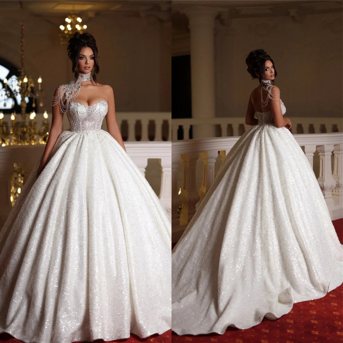 Exquisite Ball Gowns Wedding Dress Strapless Neck Sleeveless Gorgeous Bride Dresses Bling Sequins Beaded Bridal Gown Customized