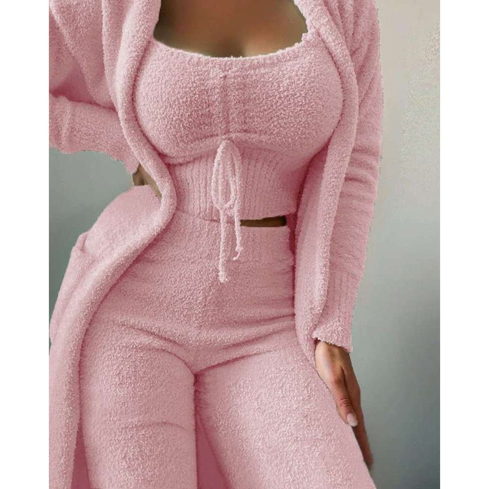 European and American Cross-Border Autumn Winter New Women's Fashion Casual Plush Lace-Up Cardigan 3-Piece Long Pants Set