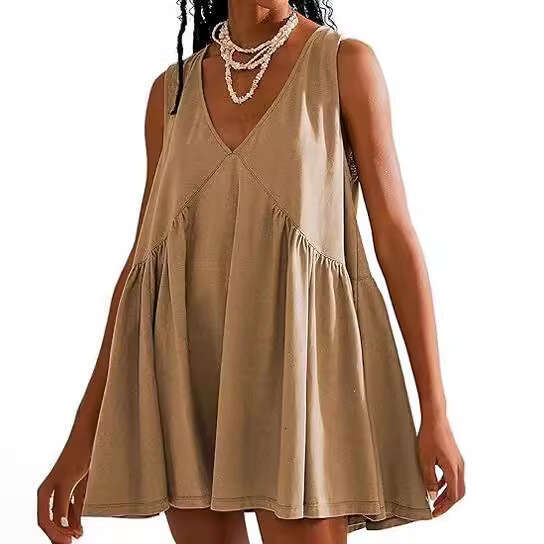 2024 European and American Foreign Trade Cross-Border Women's Fashion Amazon Shein V-Neck Sleeveless Ruched Tank Pocket Dress
