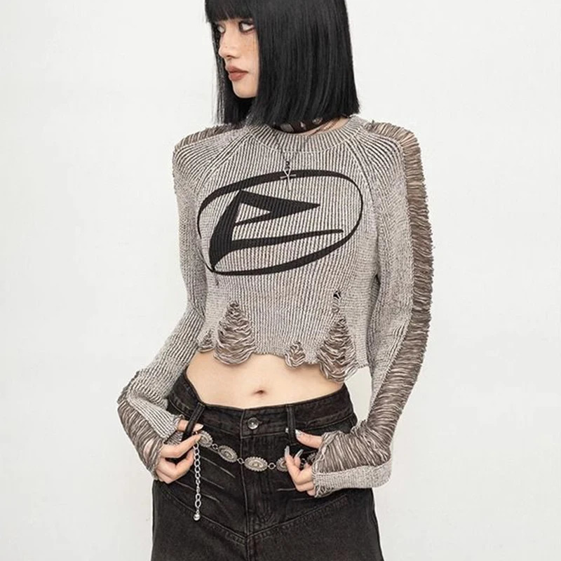 American Vintage Distressed Cropped Pullover Women Long Sleeve Street Knit Top Subculture O Neck Ripped Harajuku Y2K Sweater 251105