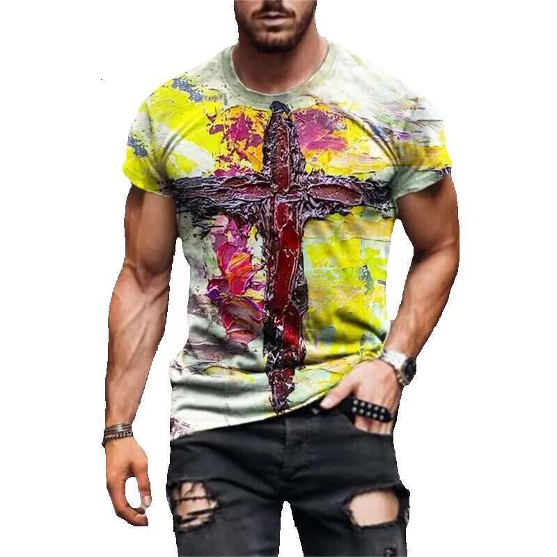 Men's short sleeved T-shirt, casual streetwear, fully printed, vibrant Christian cross, brand new