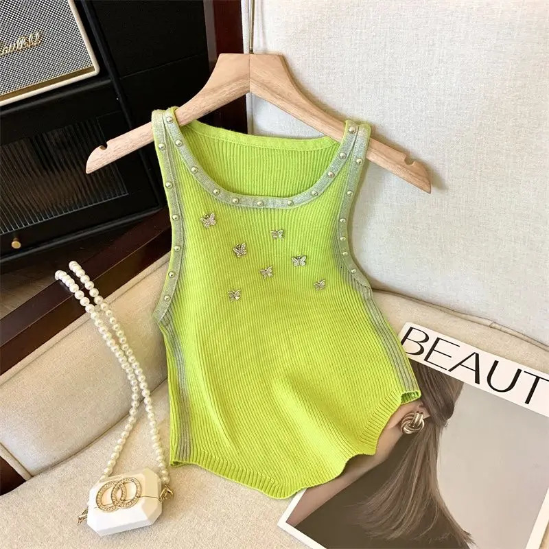 Summer embroidered flame butterfly knitted tank womens ultra-thin O-neck Y2K sleeveless top 250410