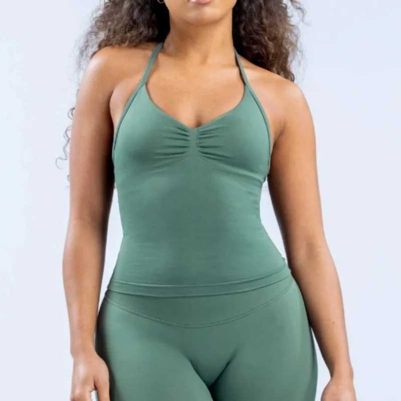 Impact long shoulder strap gym top backless gym outfit womens Scrunch built-in bra yoga vest top with detachable cupXJ250410