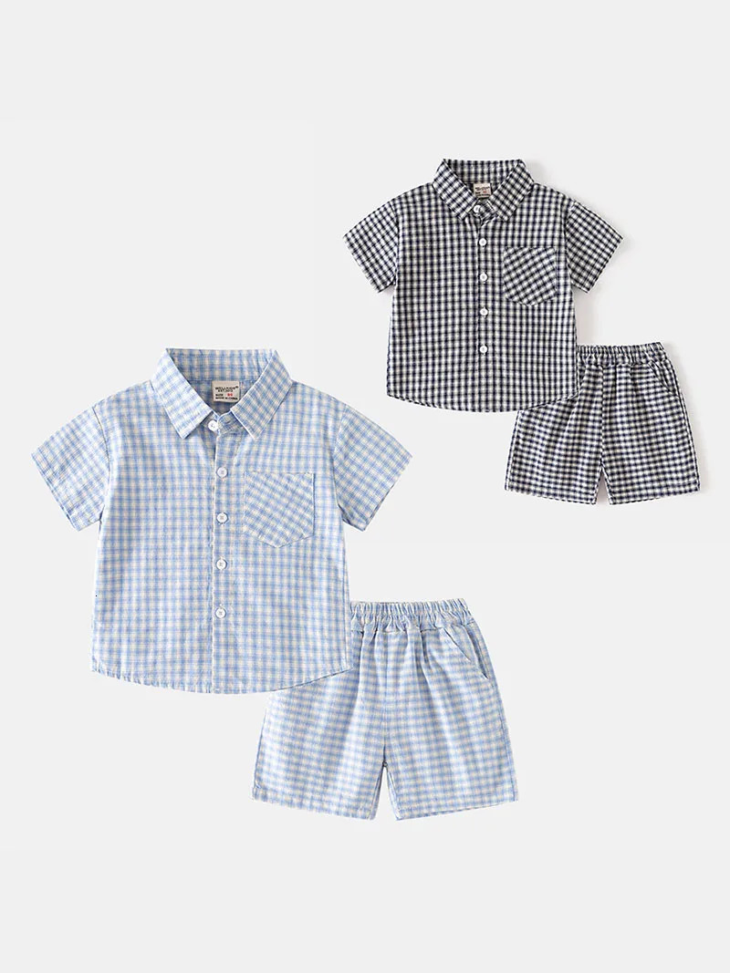 2PCS MILANCEL Summer Childrens Grid Set Collar Boys Thin Short sleeved T-shirtShort sleeved Childrens Polo T-shirt Set 250409