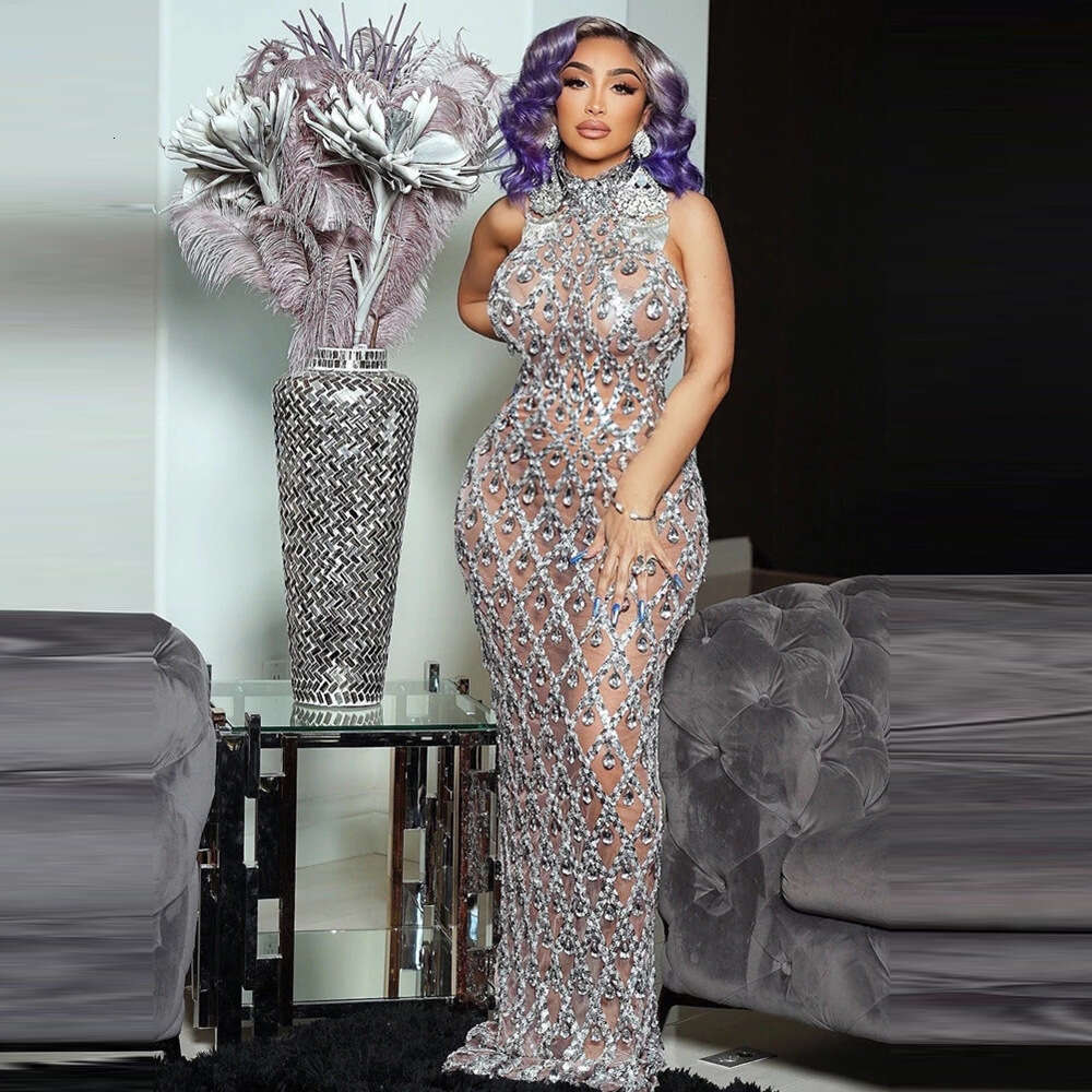 Hot Sale Foreign Trade Shiny Rhinestone Plus Size Women's Evening Party Gown Long Dress