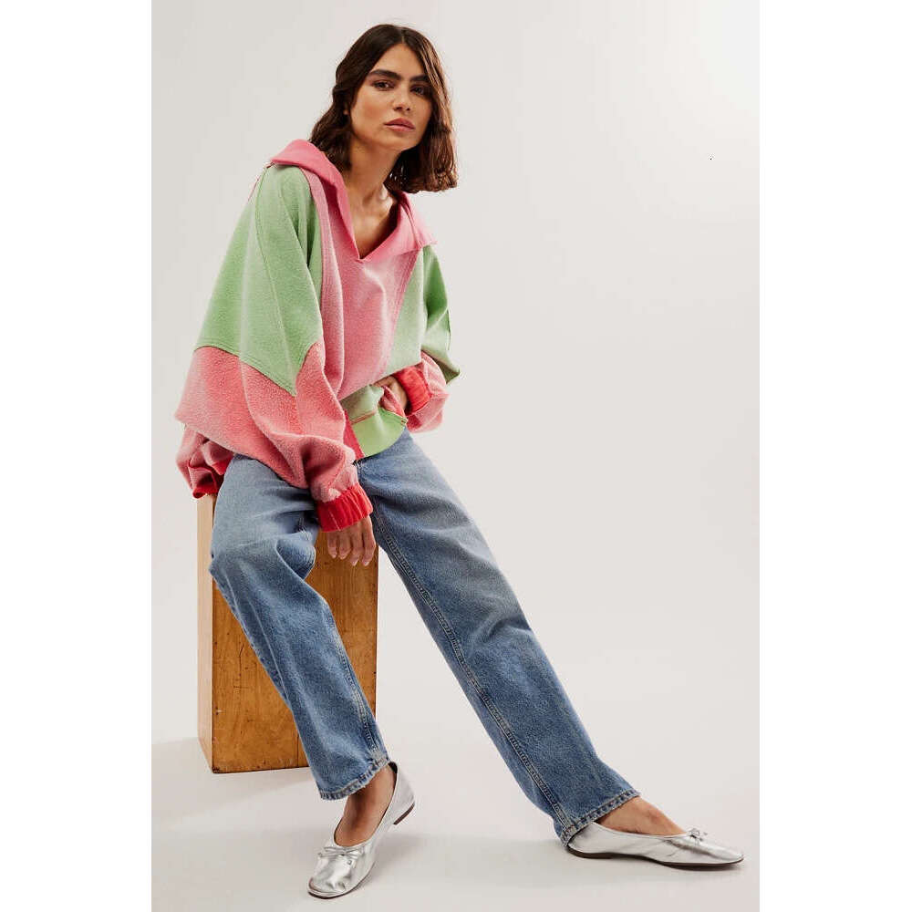 American Color-Block Sweatshirt For Women Loose Lazy Style Fleece Casual Pullover Sportswear With High-End Feel