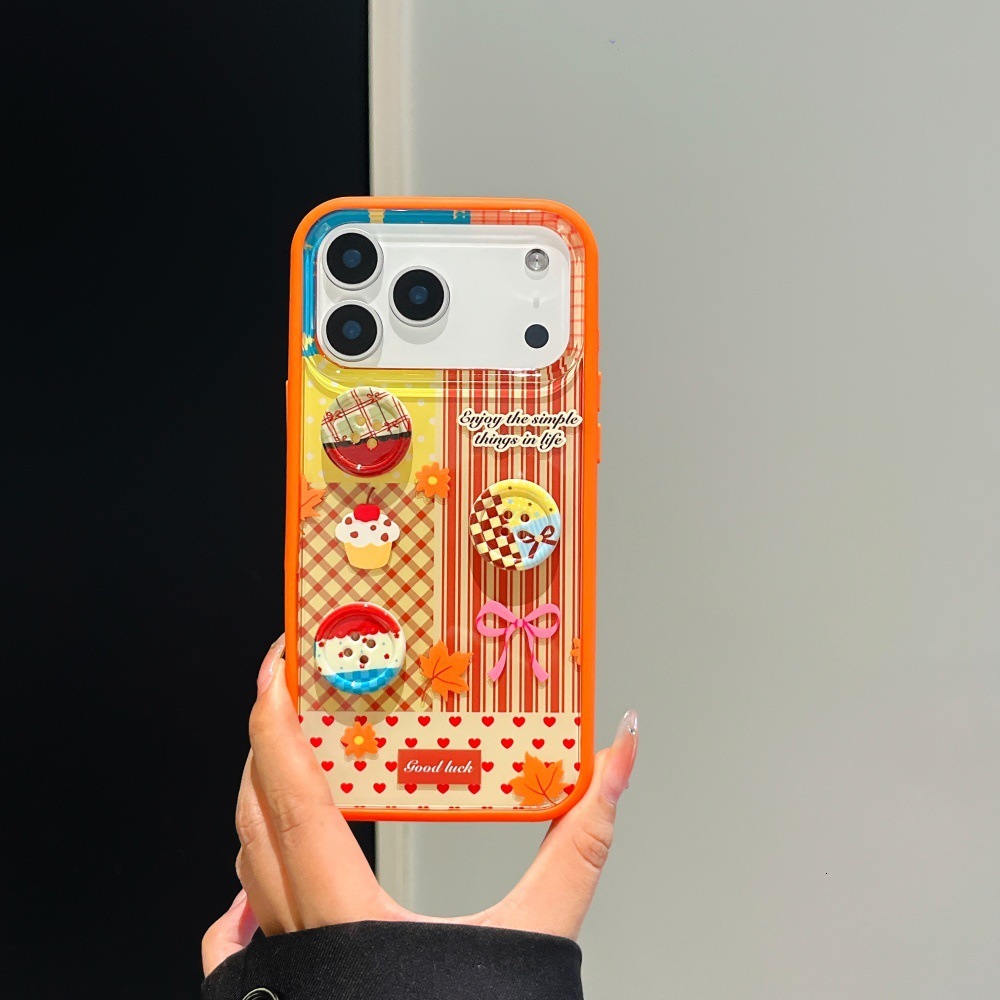 Button Stripe Phone Case Compatible with iPhone 17/16 Pro Max Autumn and Winter Cartoon Protective Cover iPhone 15/14 Shockproof
