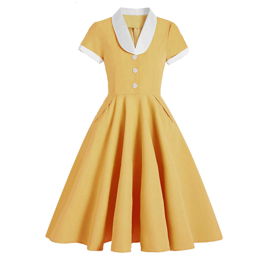 Hepburn style retro court waist cinching light contrasting color collar, annual performance costume, big swing, medium length dress, 2025 new casual f