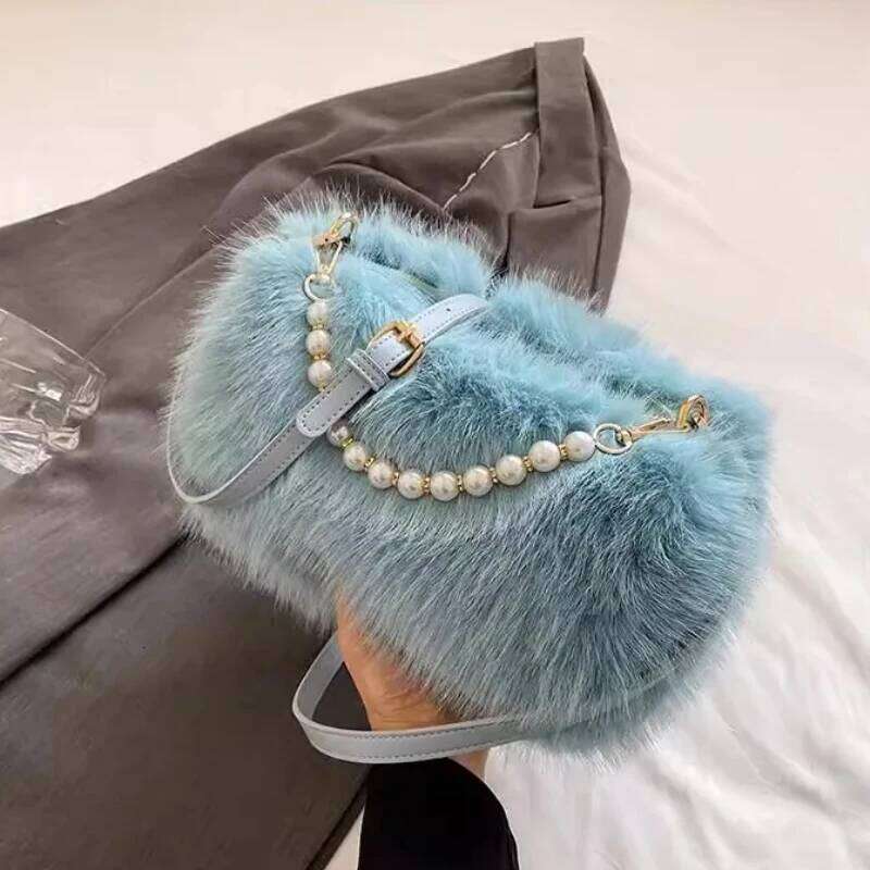 Candy Color Pearl Handle Women's Plush Crossbody Bag Portable Female Furry Handbags Winter Fashion Casual Ladies Shoulder Bags