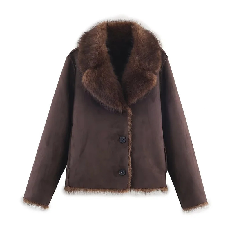 Womens Jacket Autumn Style Brown LongSleeve Faux Fur Effect Reversible Casual Fashion Personalized Warm 251110